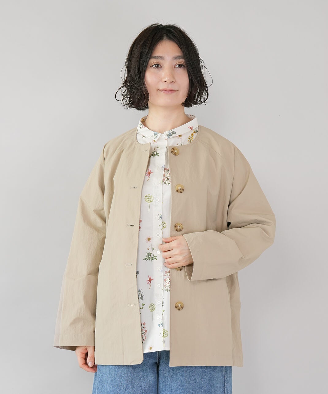 mumokuteki撥水加工ナイロンのノーカラージャケット | mumokuteki