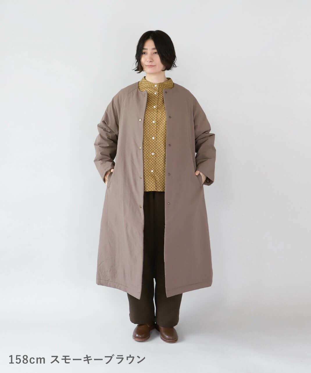 mumokuteki軽くて暖かい中綿入りノーカラーロングコート | mumokuteki