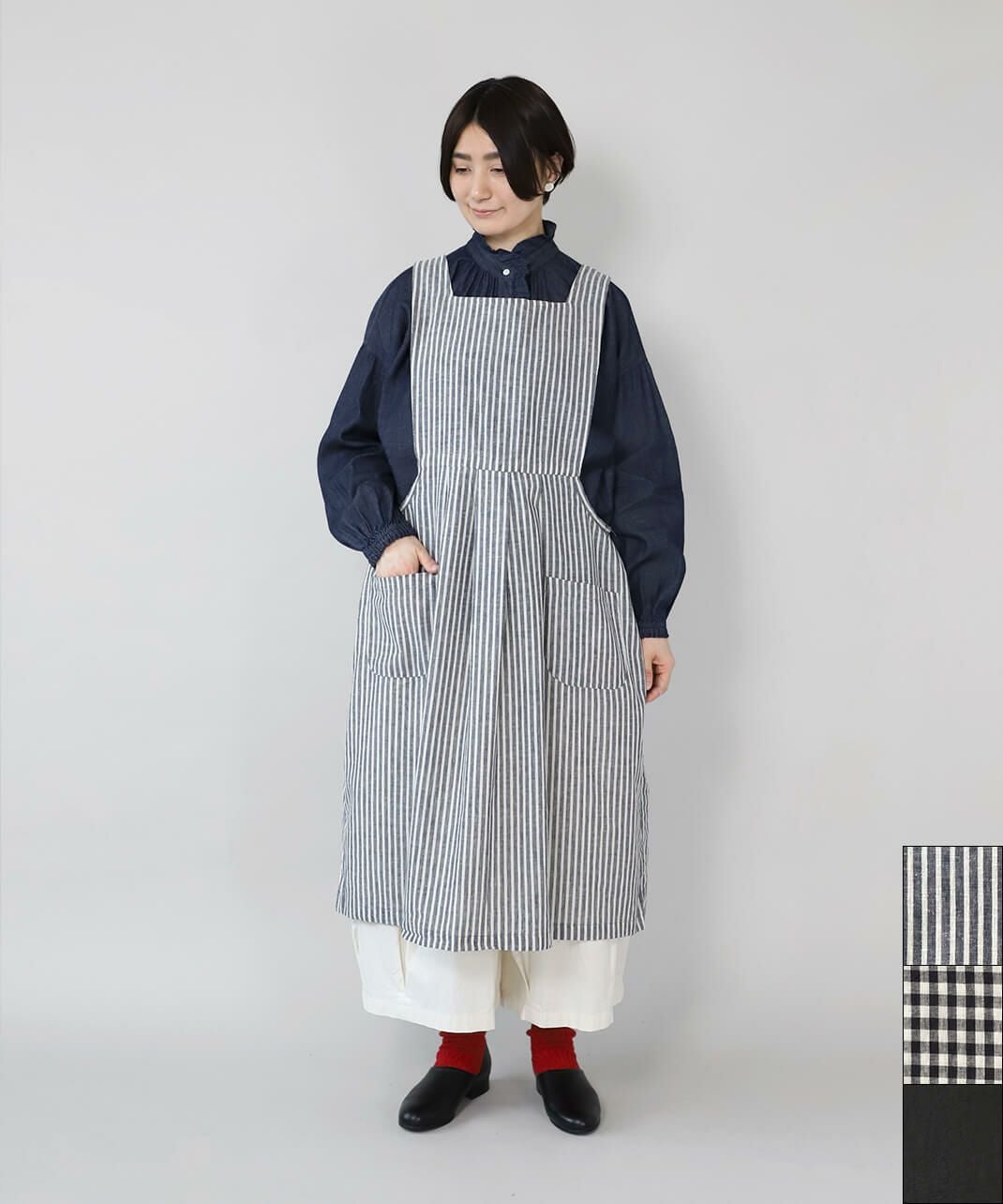mumokutekiコットンリネンのウエスト切り替えタックエプロン