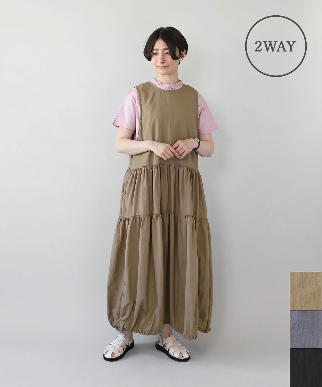 mumokutekiイージーケアナイロン素材の2WAYバルーンワンピース