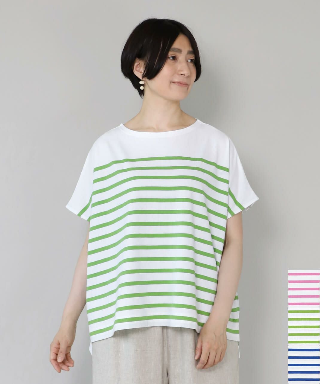 フレンチスリーブボーダーTシャツ ボーダーフレンチスリーブワイドTシャツ【M】【L】レディース トップス