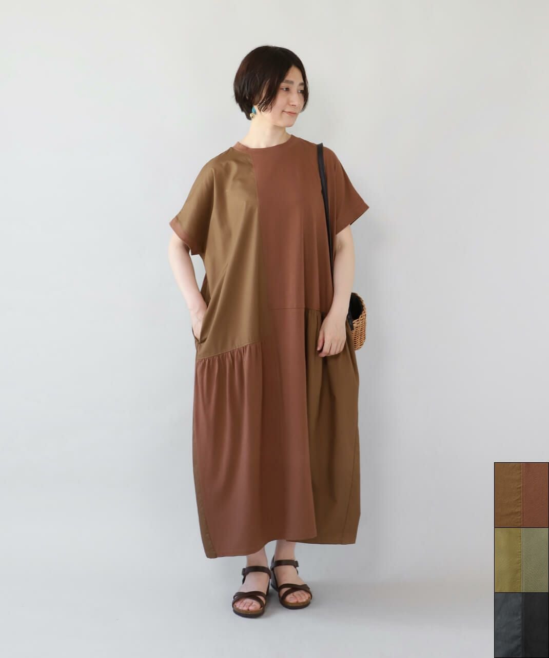 nachukara異素材切替えのパッチワークワンピース | mumokuteki