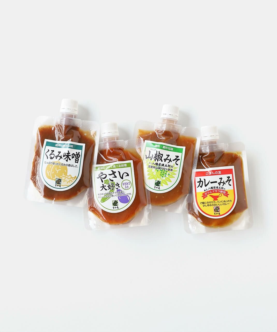 すや亀おかず味噌やさい大好き・山椒みそ・くるみ味噌・カレーみそ