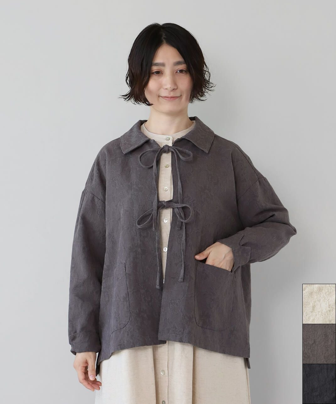 20%off】ista-ireコットンリネンの花柄ジャガードリボンジャケット