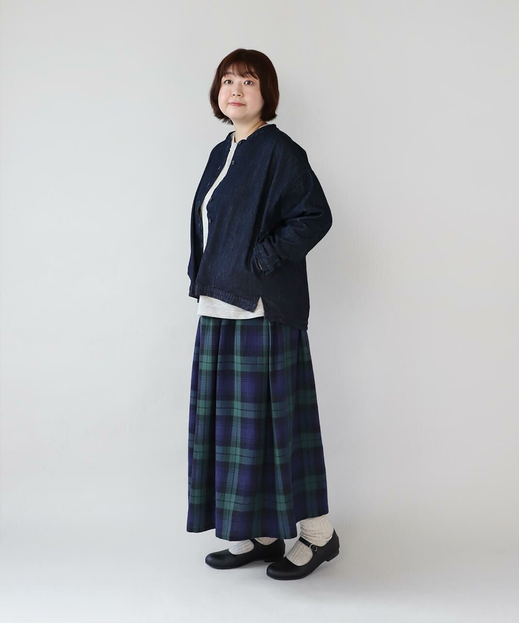 blue willowコットンリネンのチェックギャザースカート | mumokuteki