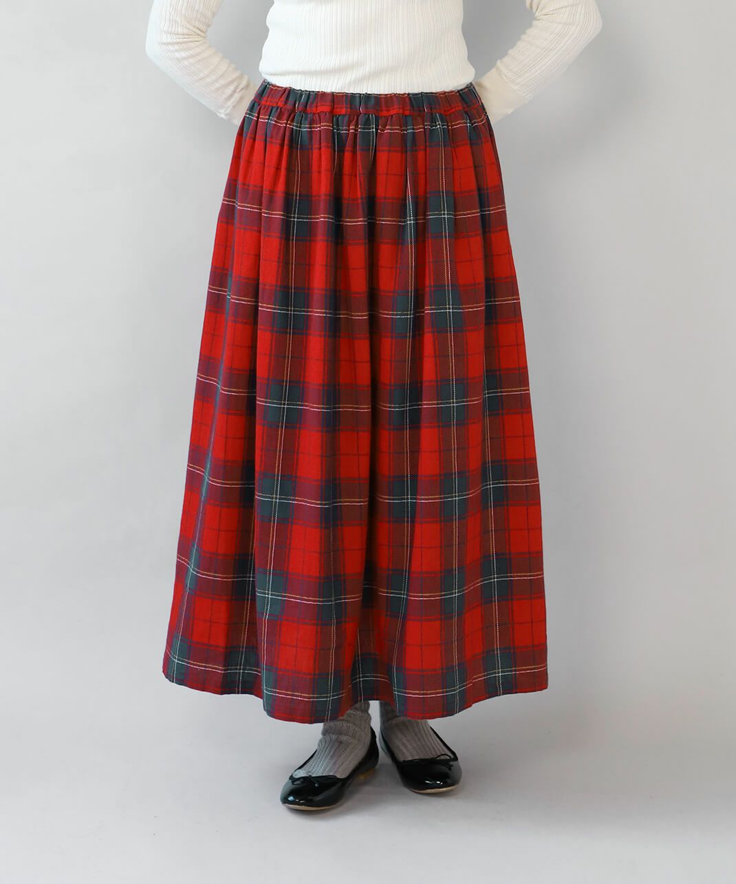 blue willowコットンリネンのチェックギャザースカート | mumokuteki