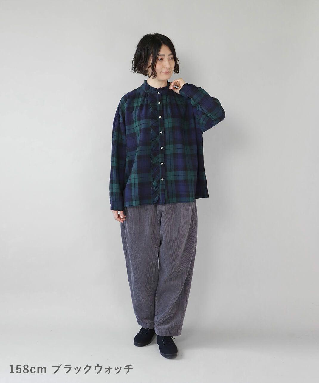 blue willowコットンリネンのチェックフリルブラウス | mumokuteki