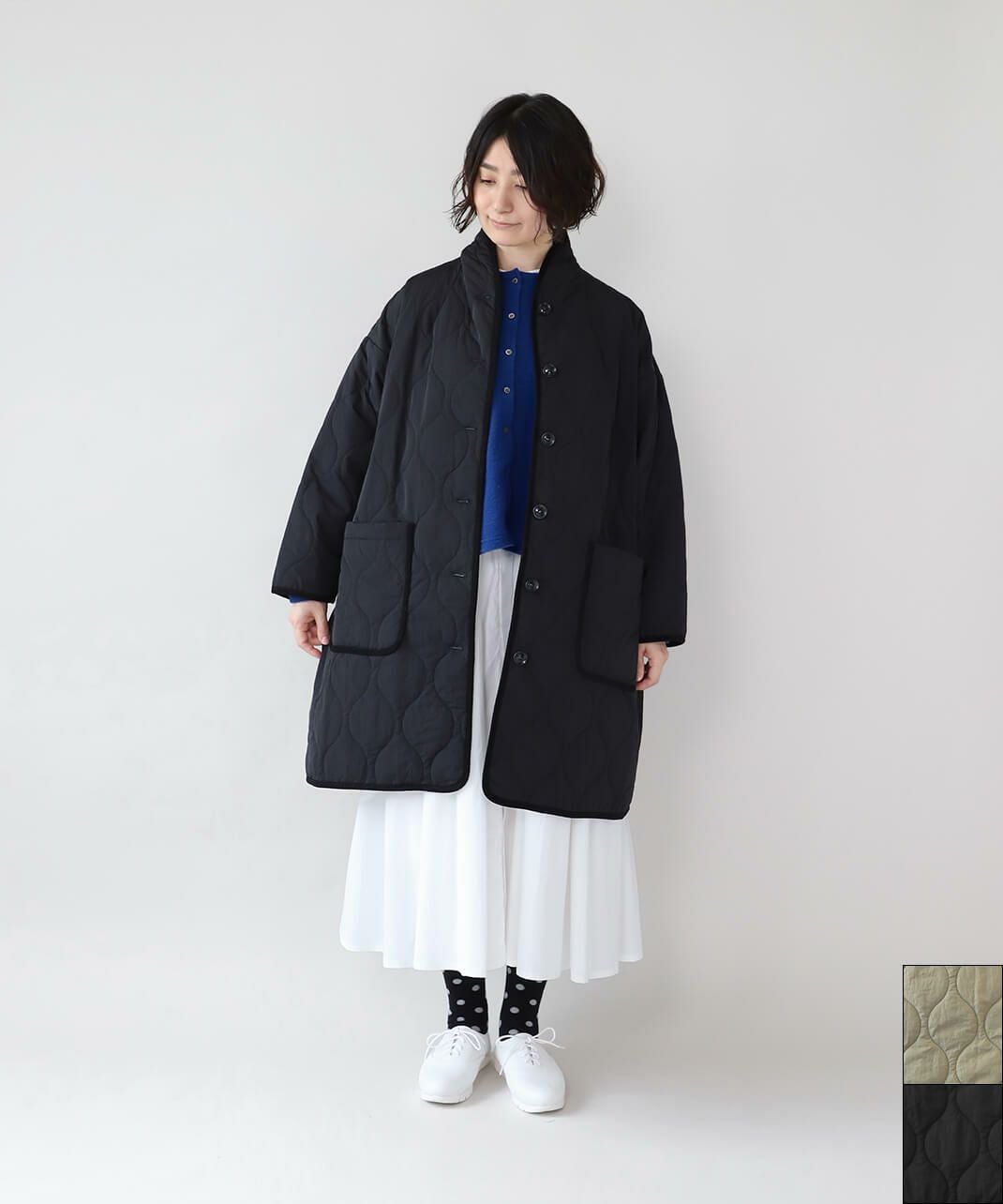 YURK geniet vanショールカラーのパイピングキルティングコート