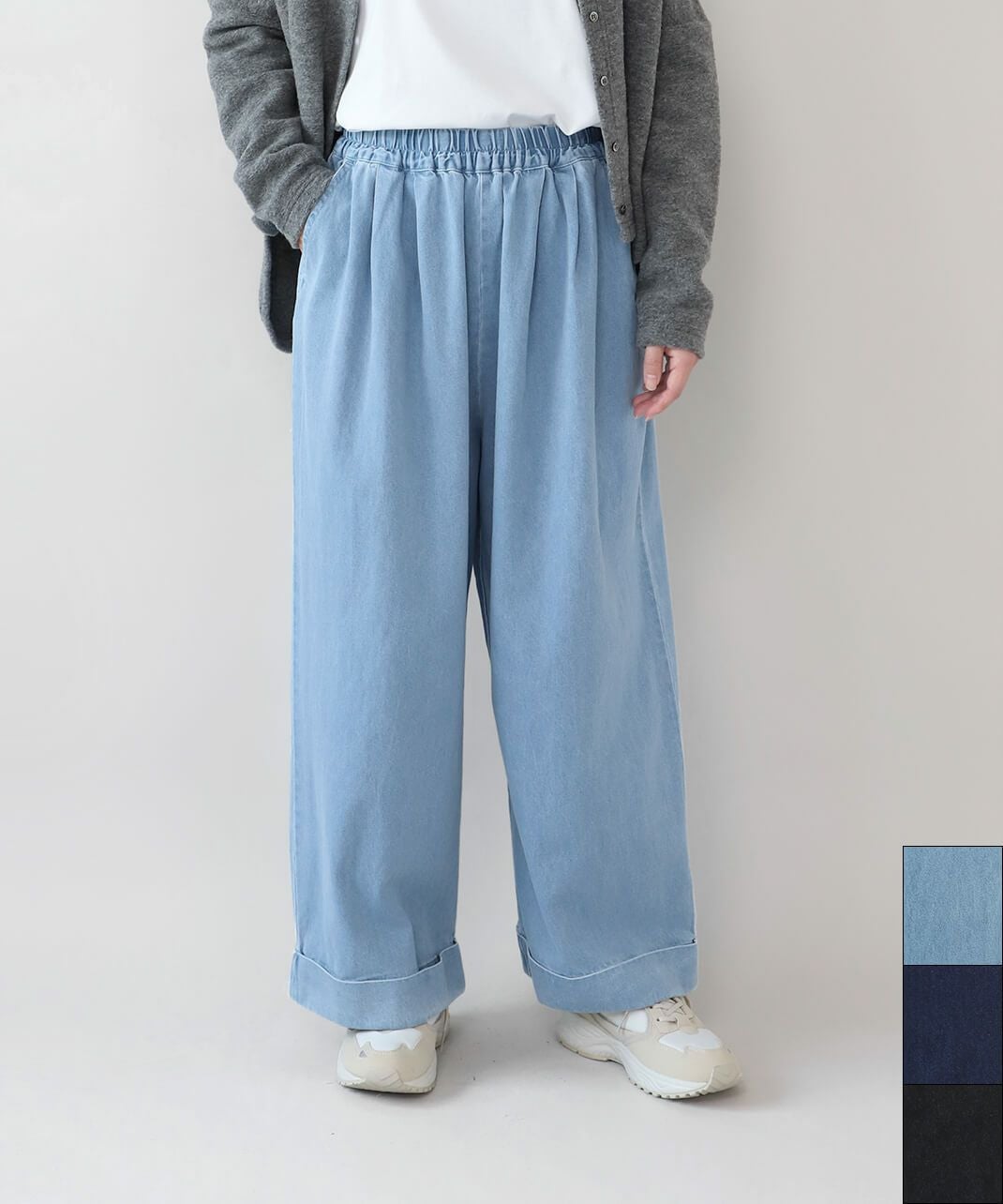 mumokutekiやわらかいデニムのロールアップワイドパンツ | mumokuteki