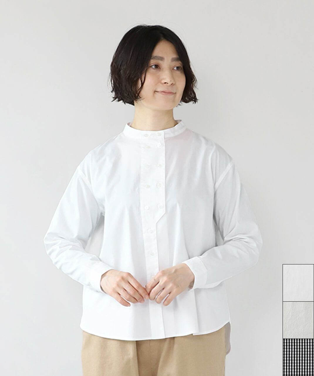 30%off】mumokuteki秘密のダブルボタンバンドカラー長袖シャツ
