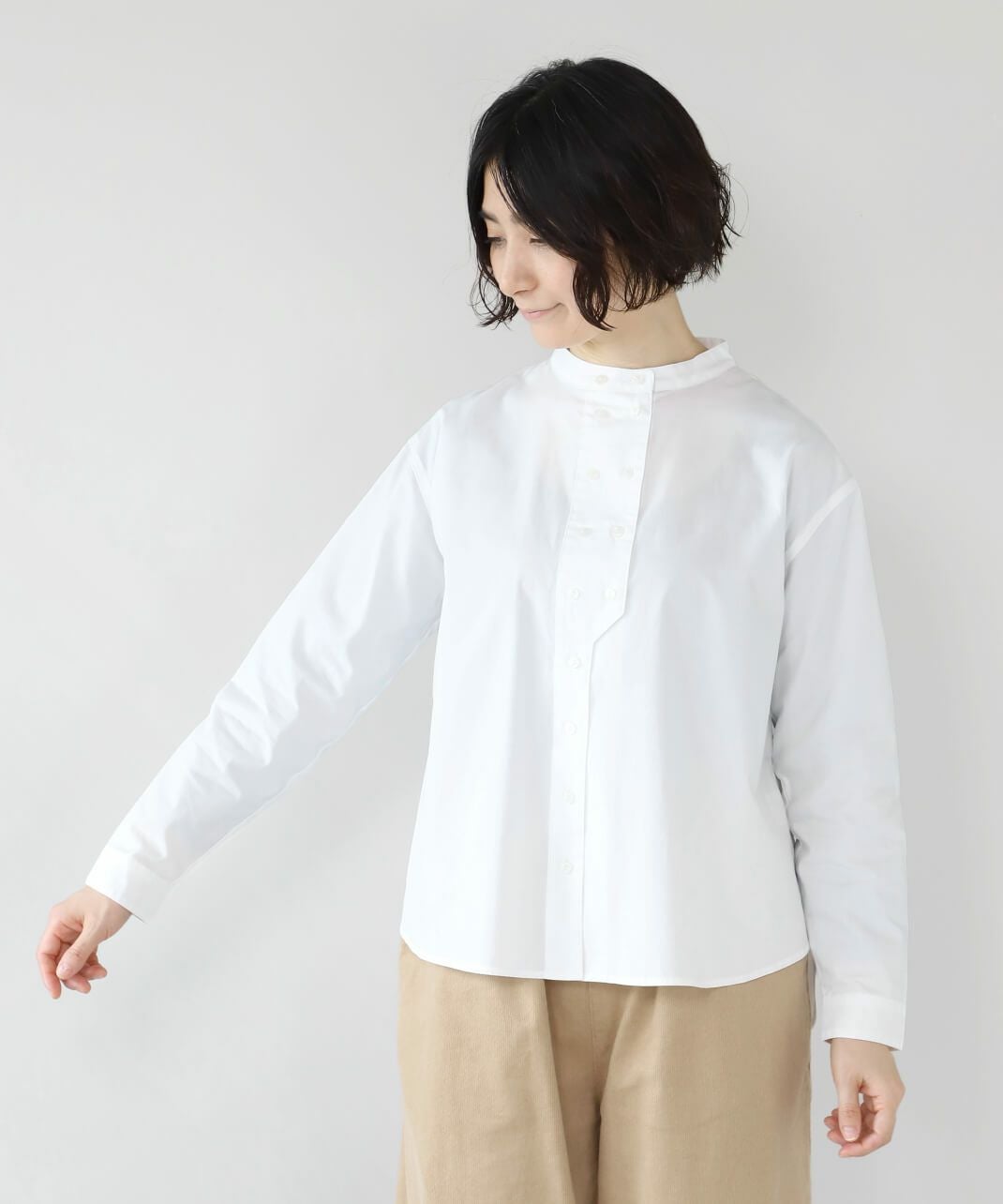 30%off】mumokuteki秘密のダブルボタンバンドカラー長袖シャツ