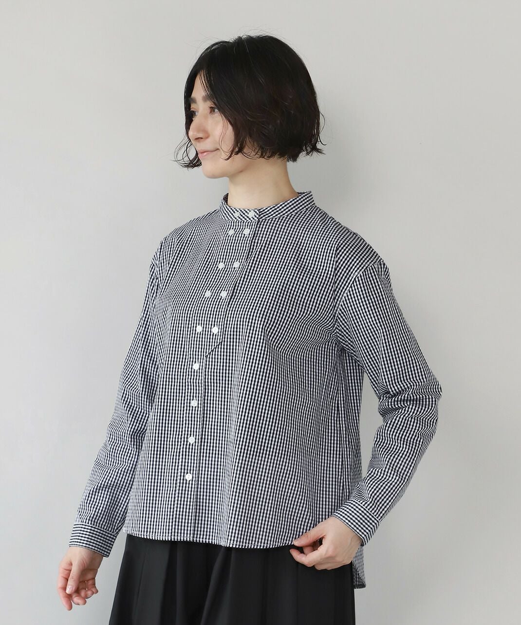 30%off】mumokuteki秘密のダブルボタンバンドカラー長袖シャツ