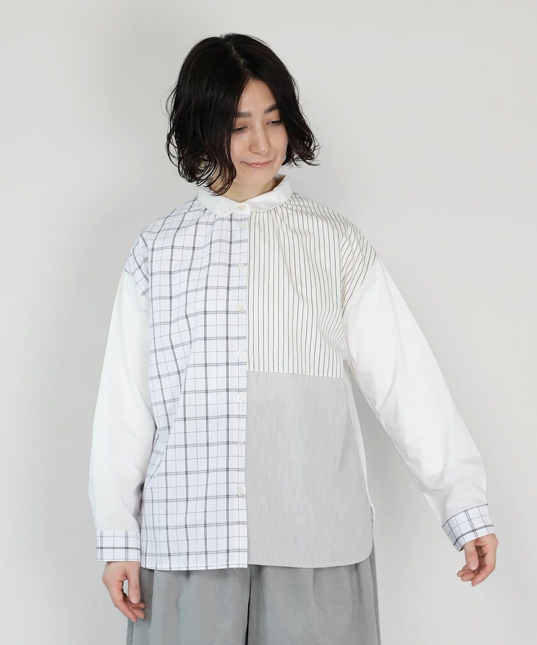 9時までお値下げ keisuke kanda パッチワークブラウス mumokuteki先染めコットンのパッチワークブラウス | mumokuteki