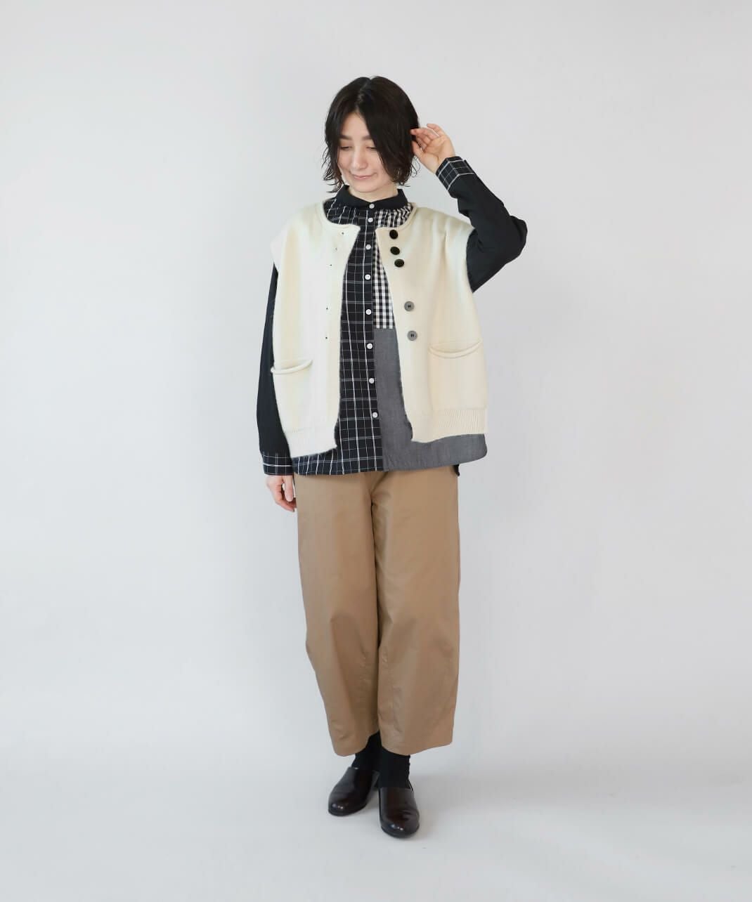 mumokuteki先染めコットンのパッチワークブラウス | mumokuteki