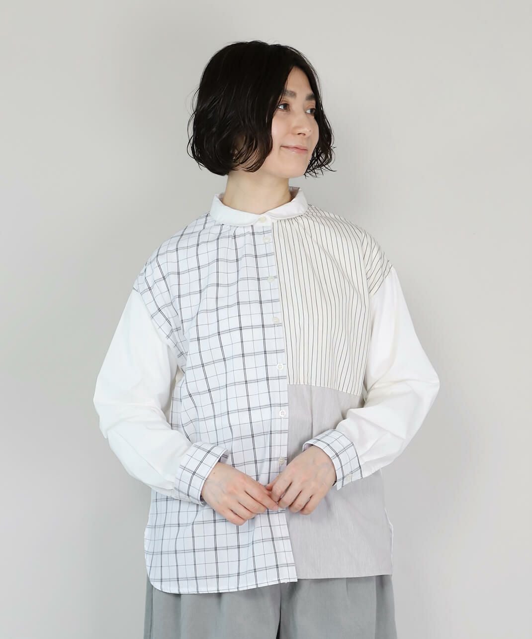 mumokuteki先染めコットンのパッチワークブラウス | mumokuteki