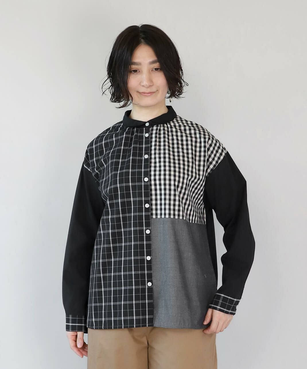 ちくちくもんぺパッチワーク桃色ドット mumokuteki先染めコットンのパッチワークブラウス | mumokuteki