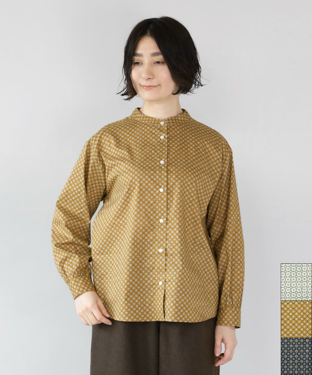 30%off】nachukara小紋プリントのバンドカラーブラウス | mumokuteki