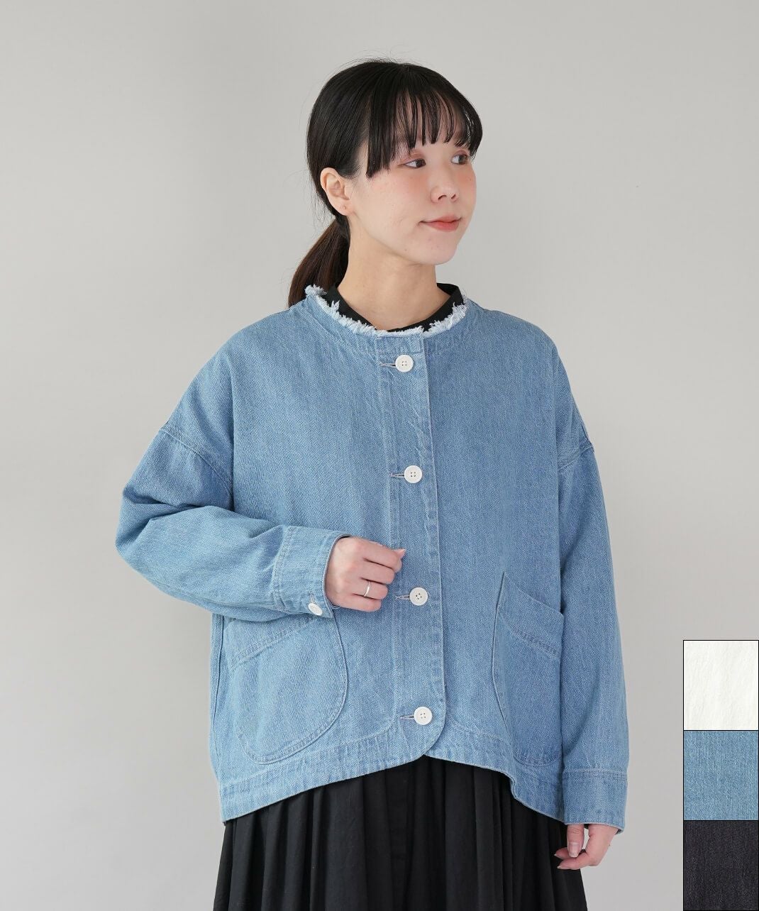 Bliss bunchコットンリネンのノーカラーフリンジジャケット