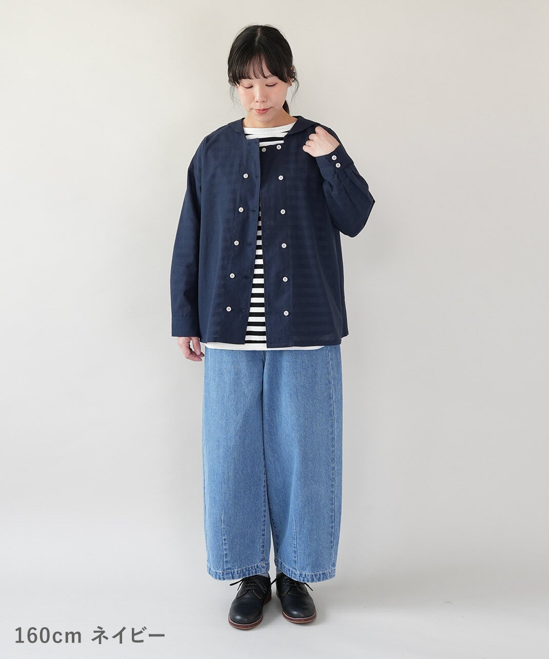 mumokutekiコットンリネンのセーラーダブルボタンブラウス