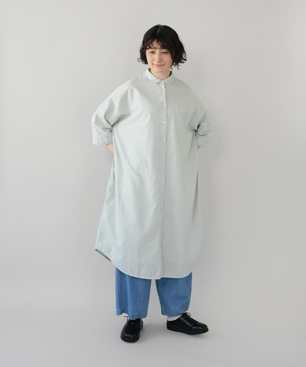 mumokutekiオックス素材のワイド7分袖ワンピース | mumokuteki
