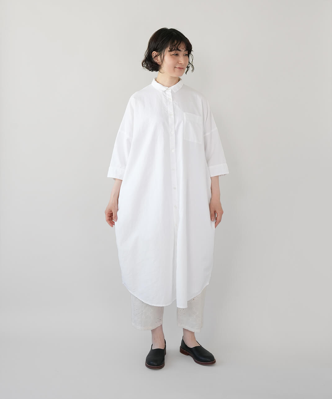 mumokutekiオックス素材のワイド7分袖ワンピース | mumokuteki
