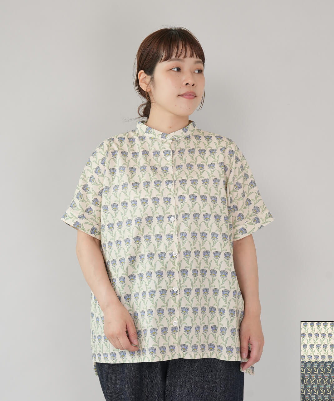 のあぼたにかる mumokutekiコットンローンのボタニカルプリントシャツ | mumokuteki