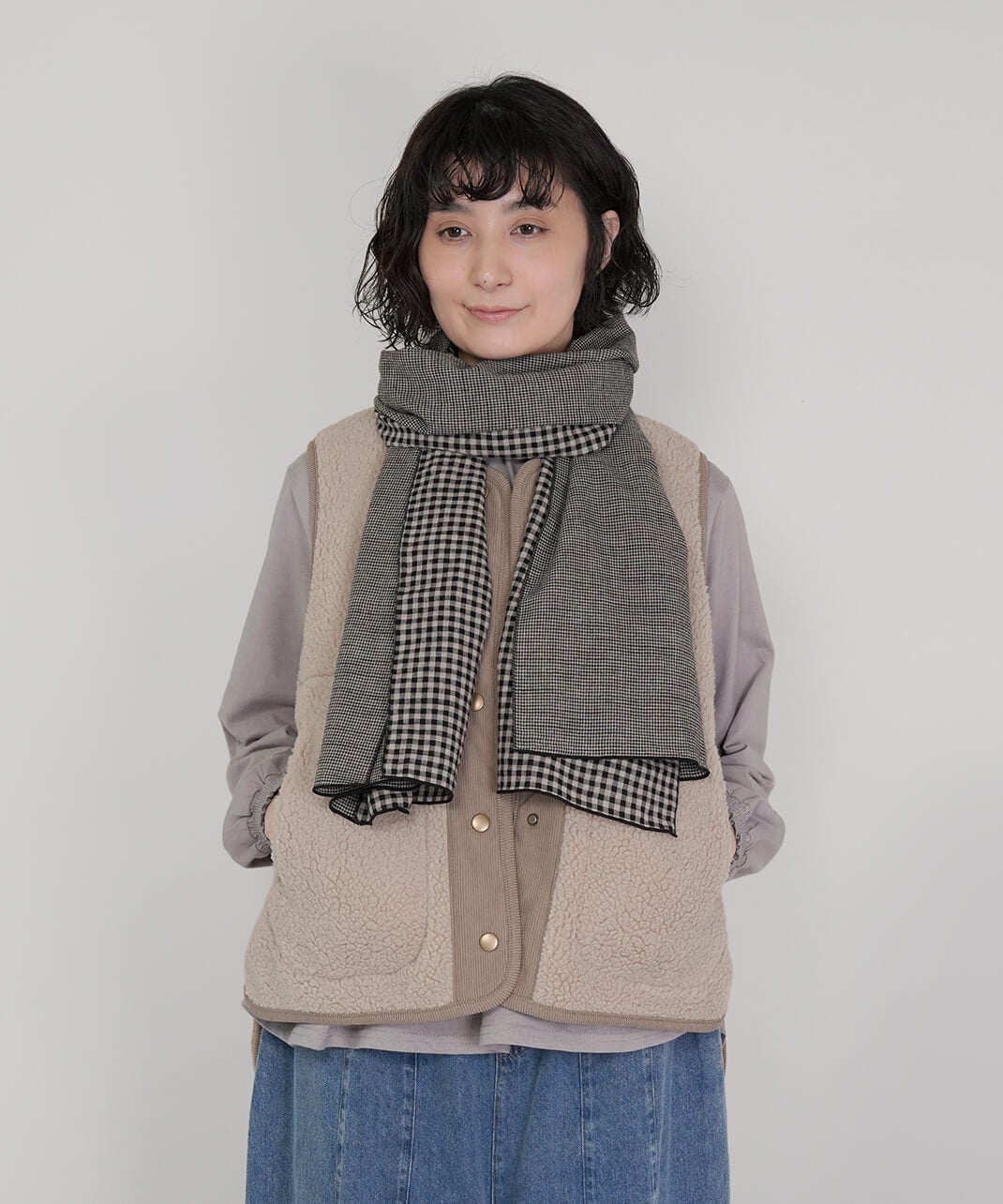 ヴォートル・ボヌール　 しみずゆうこ　うさぎバック　グレーギンガムチェック mumokutekiミックスギンガムチェックの大判ストール | mumokuteki
