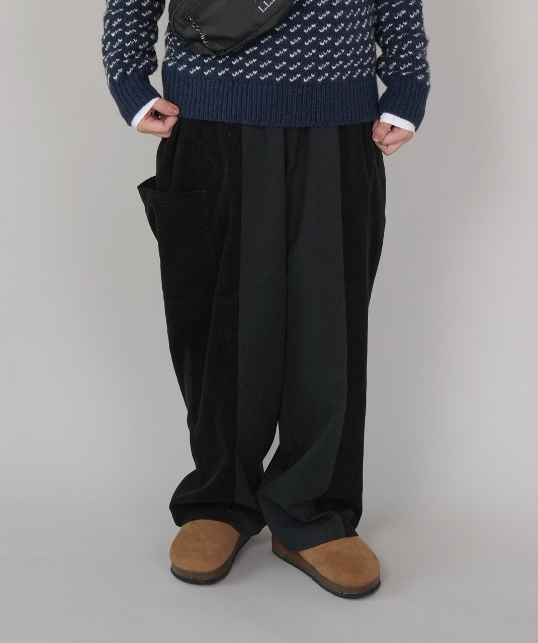ista-ireコーデュロイとコットンの切替えテーパードパンツ